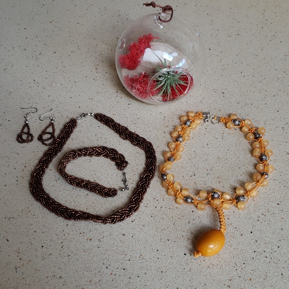 2 Hand made Necklaces, 1 bracelet and 1 pair of ea